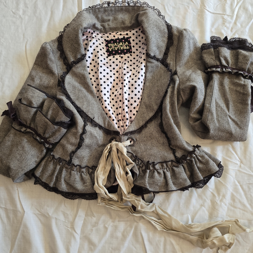 Gray Ruffled Jacket with Polka Dot Lining
